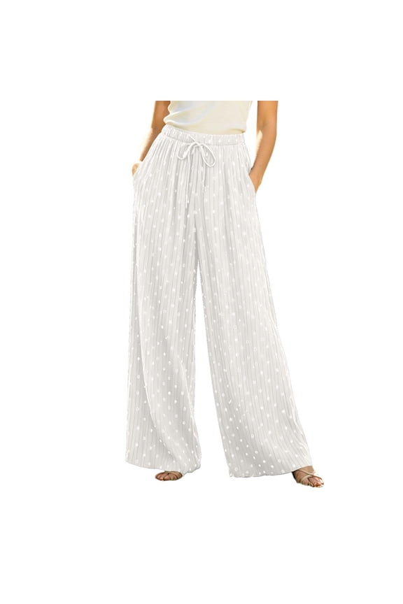 Womens Vertical Striped Polka Dot Print Wide Leg Palazzo Pants Deep Side Hand Pockets Elastic Drawstring High Waist Loose Fit Lightweight Full Length Casual Lounge Trouser Bottoms