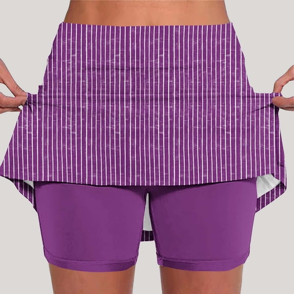Costeam Womens Vertical Striped Skort Built In Compression Bike Shorts Dual Side Hidden Pockets Wide Elastic High Waist Lightweight Athletic Tennis Skirt