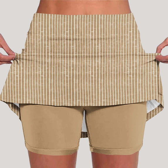 Costeam Womens Vertical Striped Skort Built In Compression Bike Shorts Dual Side Hidden Pockets Wide Elastic High Waist Lightweight Athletic Tennis Skirt