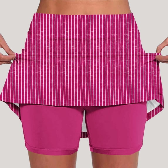Costeam Womens Vertical Striped Skort Built In Compression Bike Shorts Dual Side Hidden Pockets Wide Elastic High Waist Lightweight Athletic Tennis Skirt