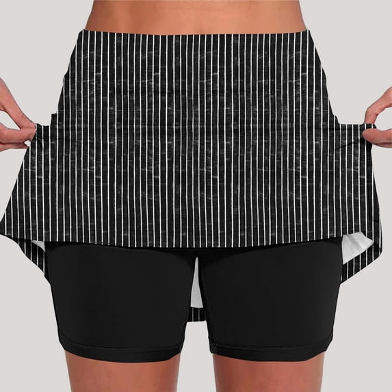 Costeam Womens Vertical Striped Skort Built In Compression Bike Shorts Dual Side Hidden Pockets Wide Elastic High Waist Lightweight Athletic Tennis Skirt