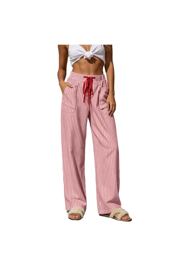 Womens Vertical Striped Wide Leg Cargo Pants Relaxed Casual Fit Large Patch Side Pockets Adjustable Drawstring Elastic High Waist Lightweight Breathable Woven Fabric Lounge Trousers