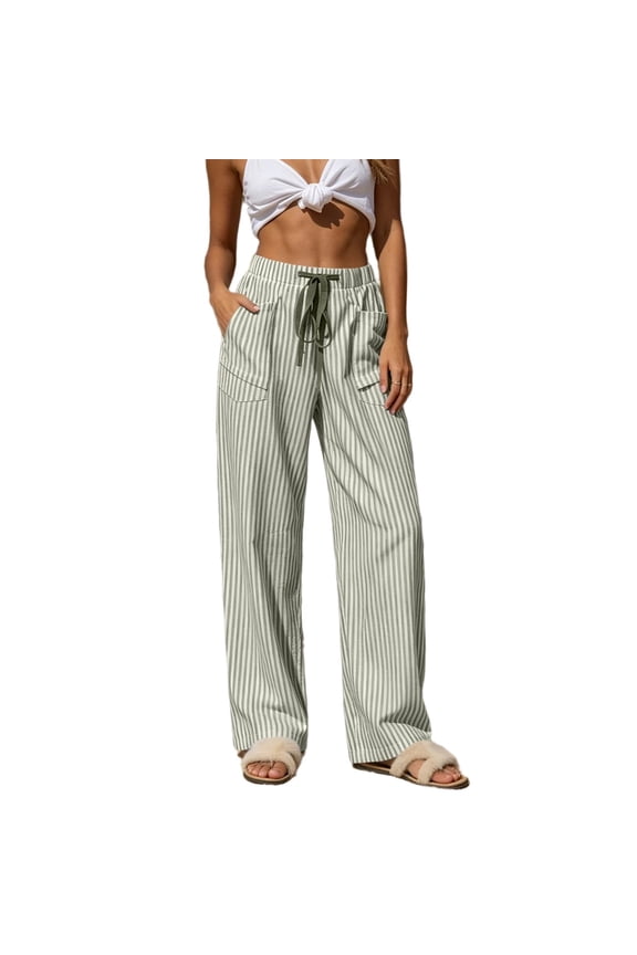 Womens Vertical Striped Wide Leg Cargo Pants Relaxed Casual Fit Large Patch Side Pockets Adjustable Drawstring Elastic High Waist Lightweight Breathable Woven Fabric Lounge Trousers