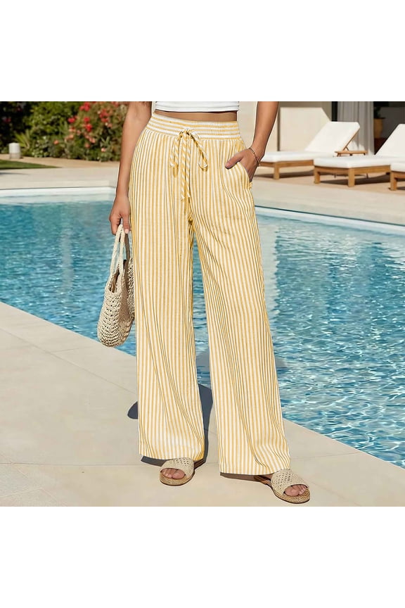 Womens Vertical Striped Wide Leg Palazzo Pants Inset Side Hand Pockets Elastic Drawstring Ruffled High Waist Loose Fit Breathable Full Length Summer Casual Trouser Bottoms