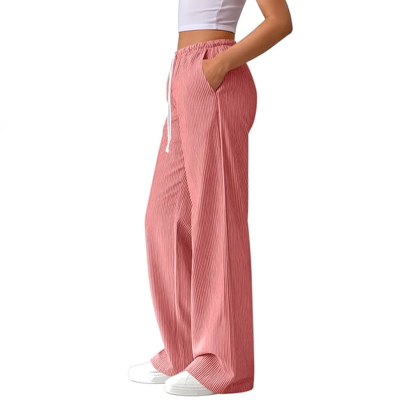 Costeam Womens Vertical Striped Wide Leg Pants Self Fabric Drawstring Elastic High Waist Side Slip Pockets Full Length Floor Sweeping Lightweight Wrinkle Friendly Loose Flowy Casual Trousers