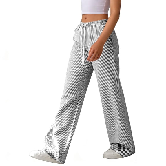 Costeam Womens Vertical Striped Wide Leg Pants Self Fabric Drawstring Elastic High Waist Side Slip Pockets Full Length Floor Sweeping Lightweight Wrinkle Friendly Loose Flowy Casual Trousers