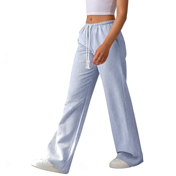 Costeam Womens Vertical Striped Wide Leg Pants Self Fabric Drawstring Elastic High Waist Side Slip Pockets Full Length Floor Sweeping Lightweight Wrinkle Friendly Loose Flowy Casual Trousers