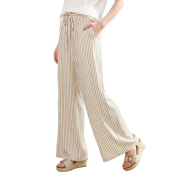 Costeam Womens Vertical Striped Wide Leg Pants Self Fabric Drawstring Elastic High Waist Side Slip Pockets Full Length Lightweight Loose Flowy Casual Loungewear Trousers