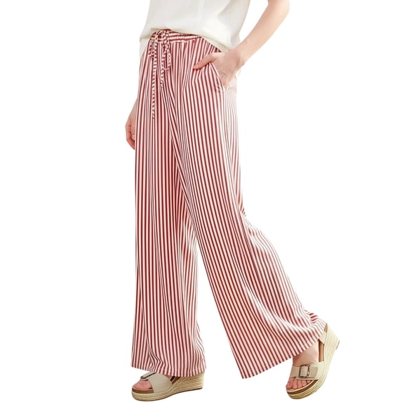 Costeam Womens Vertical Striped Wide Leg Pants Self Fabric Drawstring Elastic High Waist Side Slip Pockets Full Length Lightweight Loose Flowy Casual Loungewear Trousers