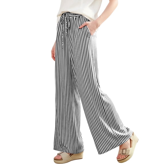 Costeam Womens Vertical Striped Wide Leg Pants Self Fabric Drawstring Elastic High Waist Side Slip Pockets Full Length Lightweight Loose Flowy Casual Loungewear Trousers