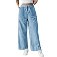 thumbnail image 1 of Costeam Womens Vertical Striped Wide Leg Pants Side Patch Pockets Adjustable Drawstring Elastic High Waist Full Length Casual Linen Blend Trousers, 1 of 5