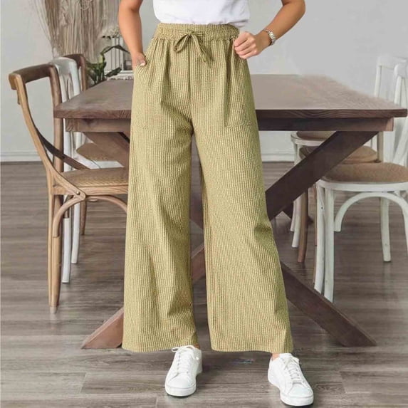 Costeam Womens Vertical Striped Wide Leg Pants Side Patch Pockets Adjustable Drawstring Elastic High Waist Full Length Casual Linen Blend Trousers