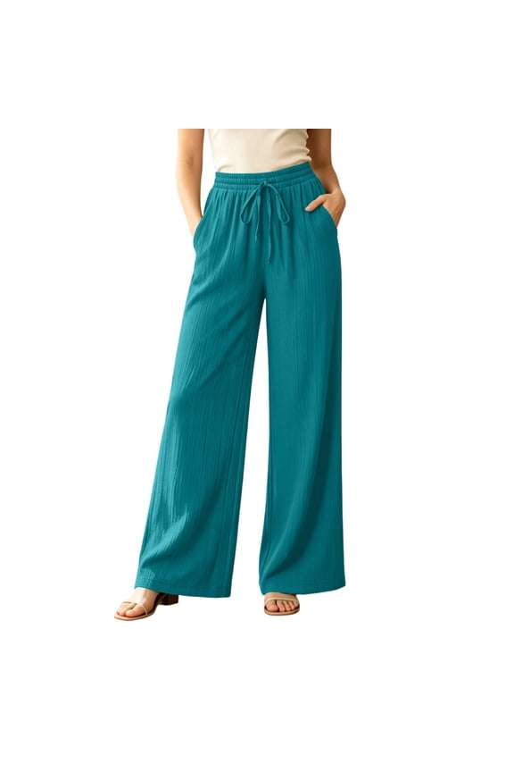 Womens Vertical Textured Wide Leg Pants Adjustable Fabric Drawstring Elastic High Waist With Side Inset Pockets Lightweight Wrinkle Resistant Woven Fabric Loose Full Length Casual Trousers