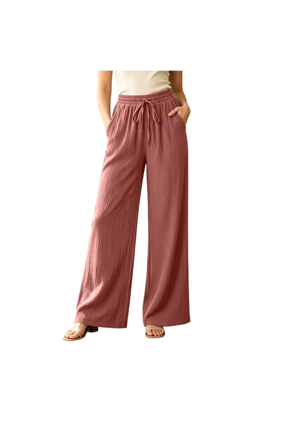 Womens Vertical Textured Wide Leg Pants Adjustable Fabric Drawstring Elastic High Waist With Side Inset Pockets Lightweight Wrinkle Resistant Woven Fabric Loose Full Length Casual Trousers