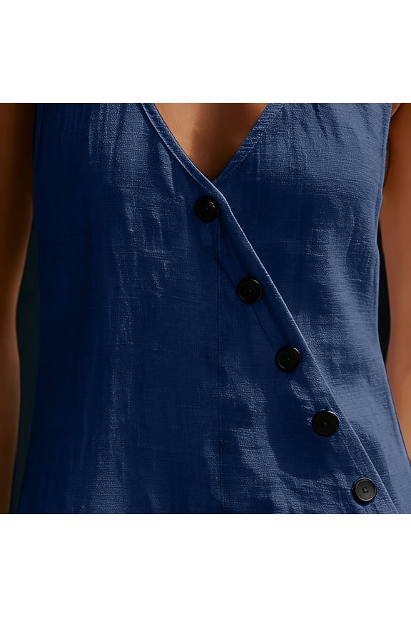 Womens Washed Crinkled V Neck Button Front Jumpsuit Dual Side Slip Pockets Elastic Waist Loose Full Length Comfortable Casual One Piece Long Trousers