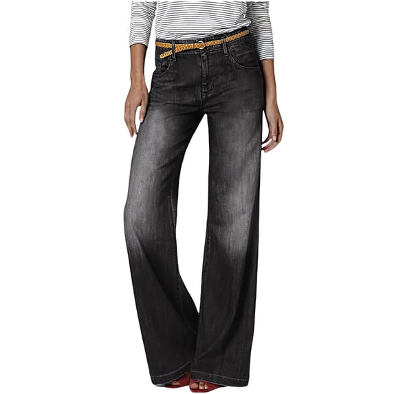 Costeam Womens Washed Denim Wide Leg Jeans Side Patch Pockets Belted Button High Waist Solid Full Length Casual Streetwear Trousers