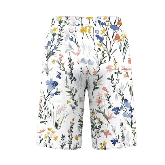 Costeam Womens Watercolor Wild Floral Bermuda Shorts Dual Side Hand Pockets Drawstring Elastic High Waist Loose Mid Thigh Lightweight Casual Short Pants