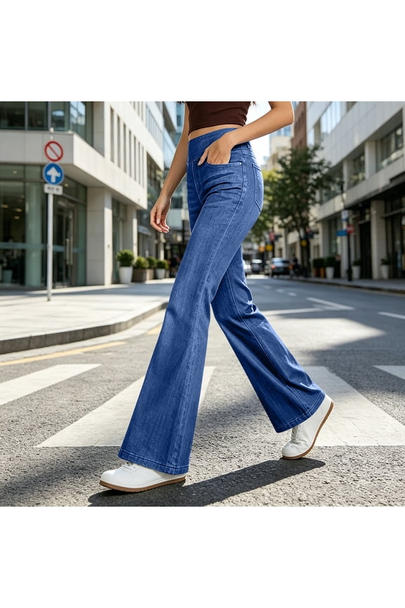 Womens Wide Elastic Pull On High Rise Flare Bootcut Jeans Classic Front Scoop Pockets Hidden Inner Stretch Waist Solid Wash Denim Full Length Casual Bell Bottom Denim Pants