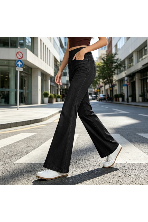 Womens Wide Elastic Pull On High Rise Flare Bootcut Jeans Classic Front Scoop Pockets Hidden Inner Stretch Waist Solid Wash Denim Full Length Casual Bell Bottom Denim Pants