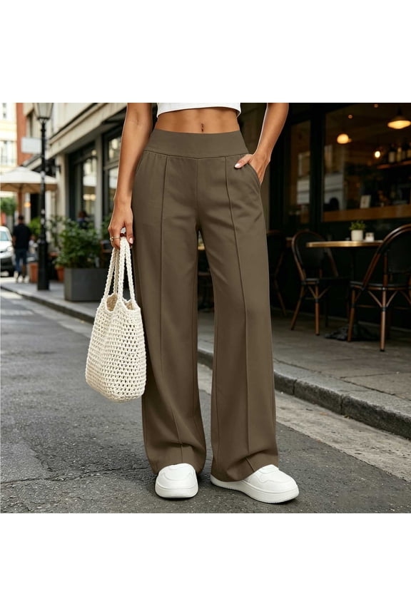 Womens Wide Elastic Waist Vertical Seam Full Length Wide Leg Pants Dual Side Inset Hand Pockets Flowy Woven Fabric High Waisted Casual Work Palazzo Trousers