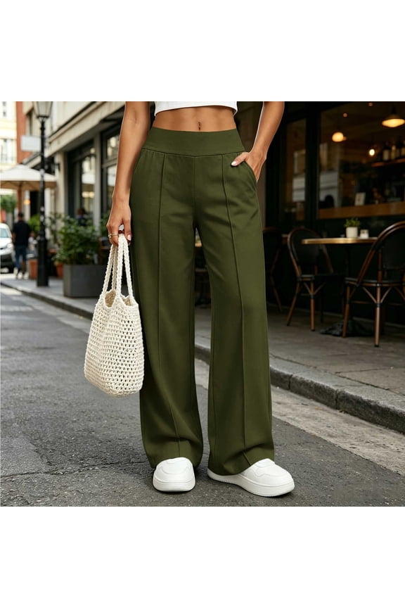Womens Wide Elastic Waist Vertical Seam Full Length Wide Leg Pants Dual Side Inset Hand Pockets Flowy Woven Fabric High Waisted Casual Work Palazzo Trousers