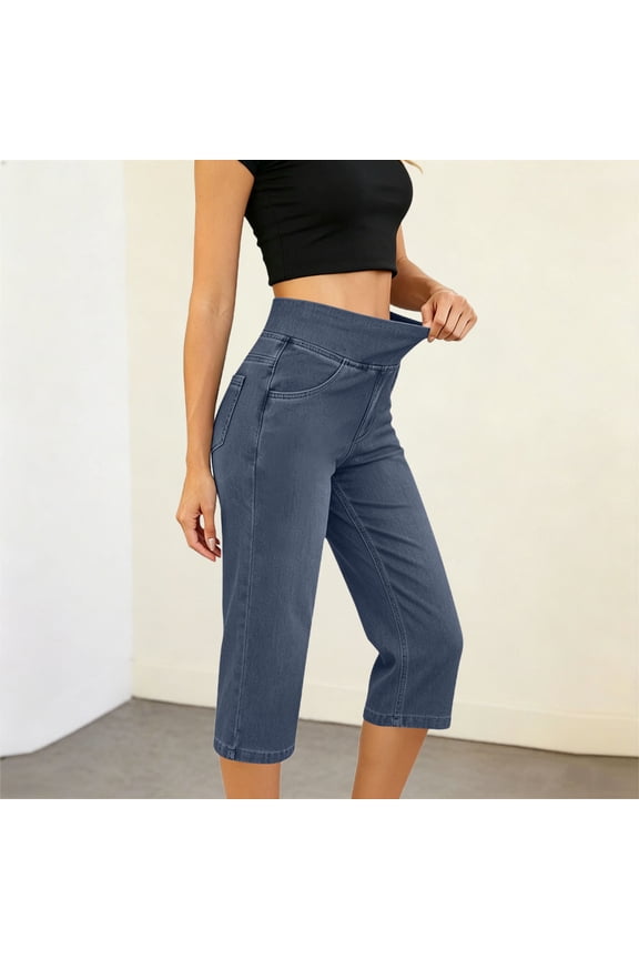 Womens Wide High Waist Pull On Stretch Denim Capri Cropped Pants Classic Front Side Pockets Elastic Inner Waist Loose Straight Leg Solid Color Casual Daily Jeans Bottoms