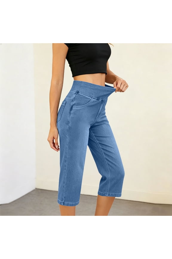 Womens Wide High Waist Pull On Stretch Denim Capri Cropped Pants Classic Front Side Pockets Elastic Inner Waist Loose Straight Leg Solid Color Casual Daily Jeans Bottoms