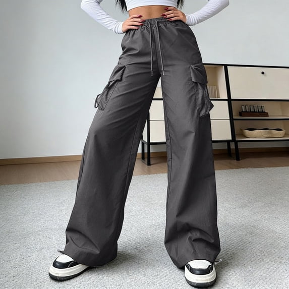 Costeam Womens Wide Leg Cargo Pants Drawstring Elastic High Waist with Multi Flap Side Pockets Loose Fit Straight Leg Lightweight Casual Utility Baggy Long Trousers