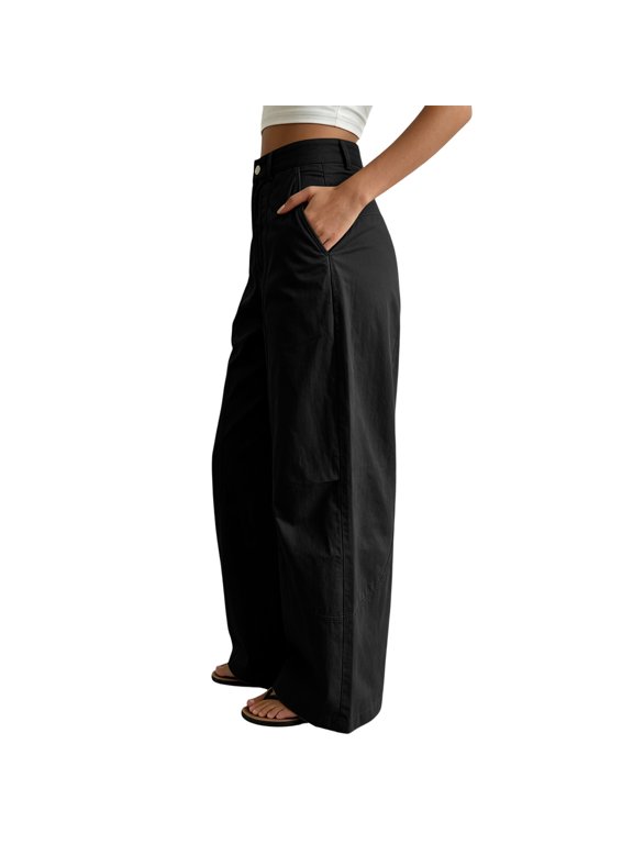 Womens Wide Leg Casual Pants Contrast Stitch Curved Seam Detail Button High Waist with Side Pockets Loose Straight Leg Lightweight Soft Breathable Relaxed Fit Full Length Utility Trousers
