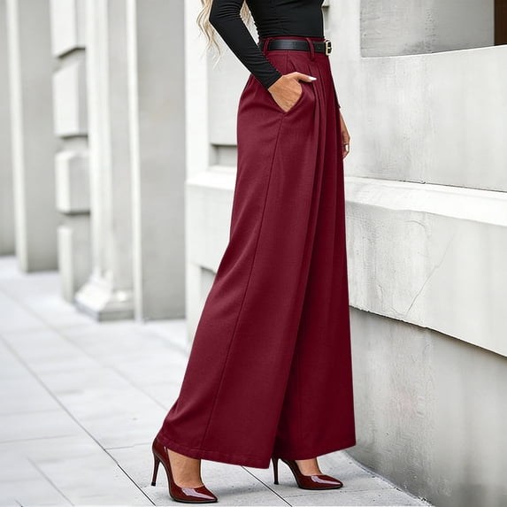 Costeam Womens Wide Leg Dress Pants High Waisted Pleated Front with Belt Side Pockets Straight Leg Loose Fit Soft Comfy Elegant Long Trousers Smooth Drapey Bottoms