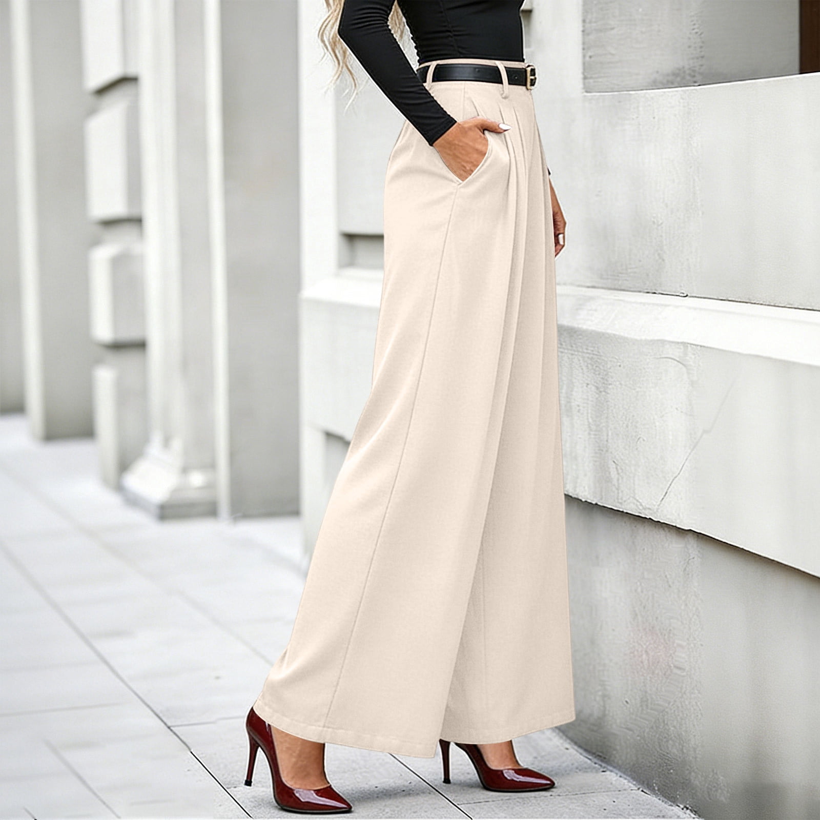 high waist dress pants Costeam Womens Wide Leg Waisted Pleated Front with Belt Side Pockets Straight Leg Loose Fit Soft Comfy Elegant Long Trousers Smooth Drapey Bottoms Age 6