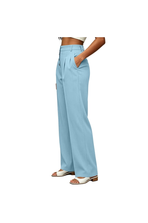 Womens Wide Leg Dress Pants Multi Button Front Pleated High Waist with Side Pockets Straight Leg Wrinkle Resistant Smooth Drape Soft Comfortable Casual Full Length Suit Trousers