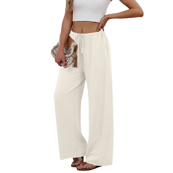 Costeam Womens Wide Leg Pants Soft Knit Loose Fit with Side Pockets High Waist Drawstring Elastic Waist Long Trousers Lightweight Flow Relaxed Casual Loungewear Bottoms