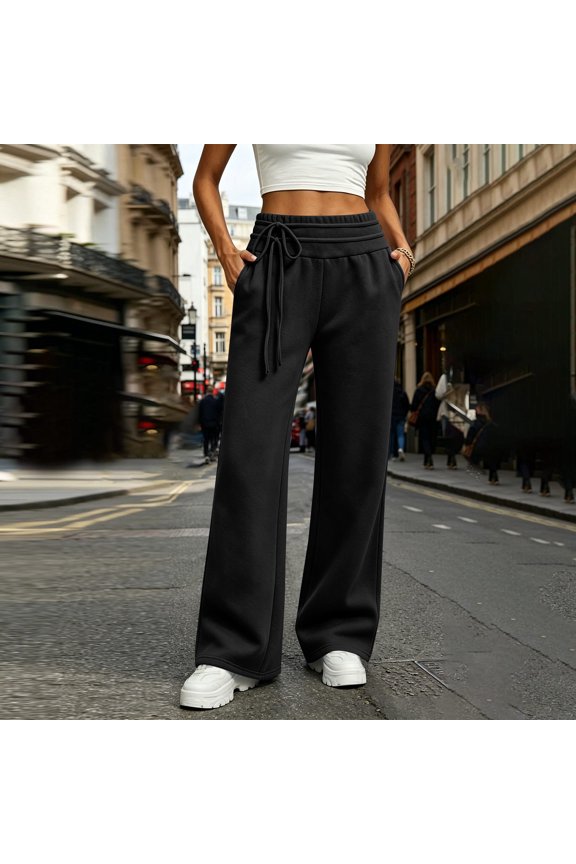 Womens Wide Leg Sweatpants Double Layer Waist Drawstring Solid Straight Trousers Soft Brushed Knit Casual Bottoms Side Pockets Relaxed Fit Lounge Pants