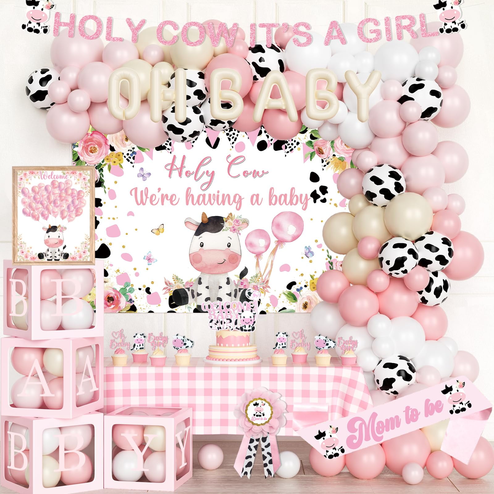 Pink Highland Cow Baby Shower Decorations Kit - Backdrop, Banner, Cake Topper, Balloons