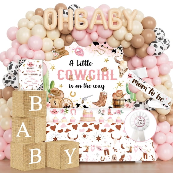Costova Cowgirl Baby Shower Decorations - 108PCs A Little Cowgirl is On The Way Party Supplies with Backdrop, Balloon, Tablecloth, Sash and Badge for Western Wild West Rodeo Girl Y102