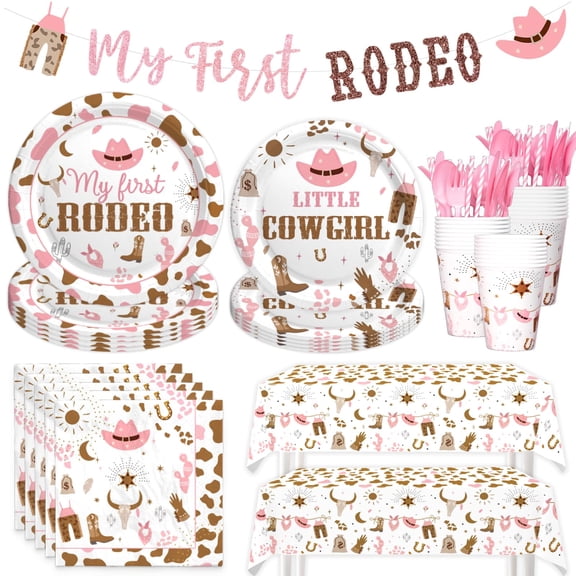 Costova My First Rodeo Supplies Tableware Set Girl, Cowgirl 1st Birthday Party Decorations, Western Wild West One Year Old Birthday Supplies Girl, My First Rodeo Banner Tablecloth Plates Napkins Y114