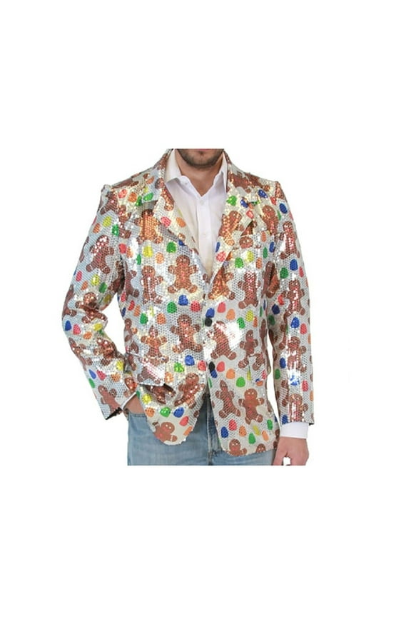 Men's Sequin Gingerbread Man Ugly Christmas Suit Jacket Multicolor S/M