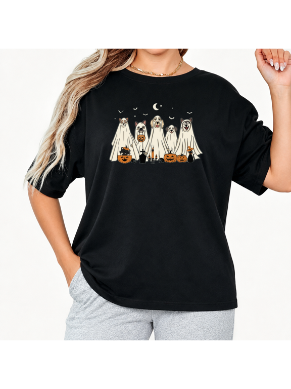 Costume Dogs and Pumpkins Whimsical Casual Tee for Women Crewneck Short Sleeve Pet Lover Shirt