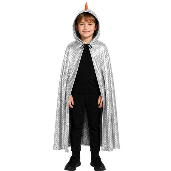 Costume Hood Horns, Shiny Dragon Cloak, Halloween Dress Up, Hooded Cape for Ki'Ds | Chil-Dren's Cloak With Hood for Halloween, Costumes, Medieval, Renaissance, Cosplay and More, White L