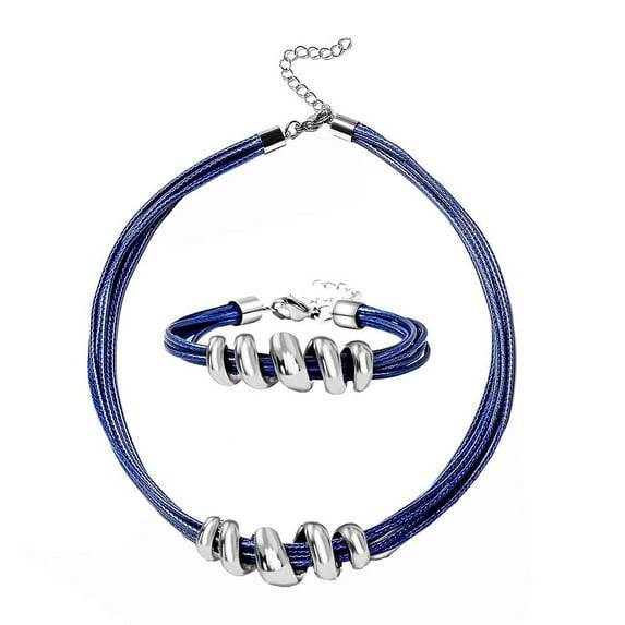 Choker Necklace for Women 16" & Cuff Bracelet 7"- Cord Leather Necklace Set with Adjustable Lobster Claw Boho Jewelry Birthday Christmas Gifts - Blue