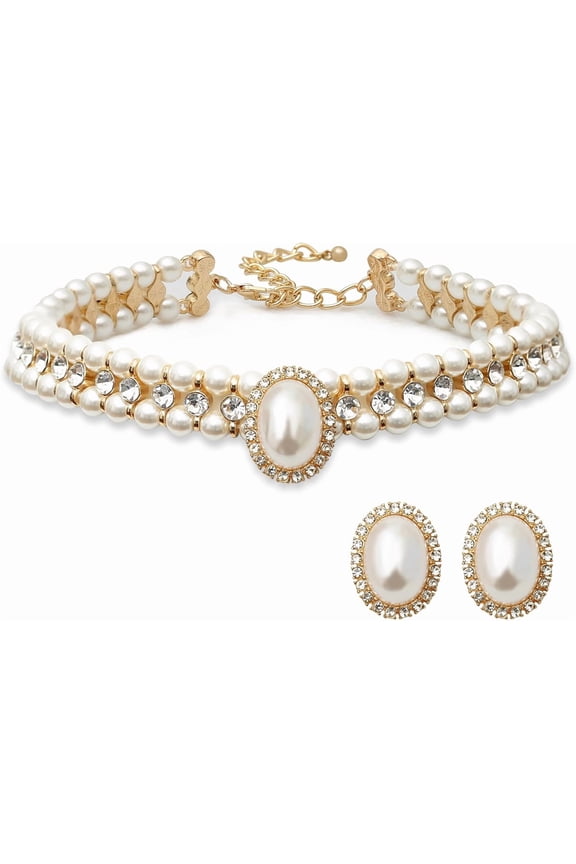 Costume Layered Twisted Gold Pearl Necklace Choker Chunky Glass Statement Pearl Necklace and Earring set, good gift for women Faux pearl necklace set imitation pearl necklace and earring