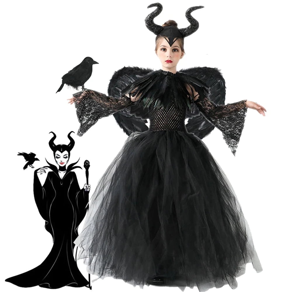 Girls Tutu Dress Maleficent Evil Queen dress and Horns Halloween Cosplay  Witch Costume for Kids Children christmas Party Dress