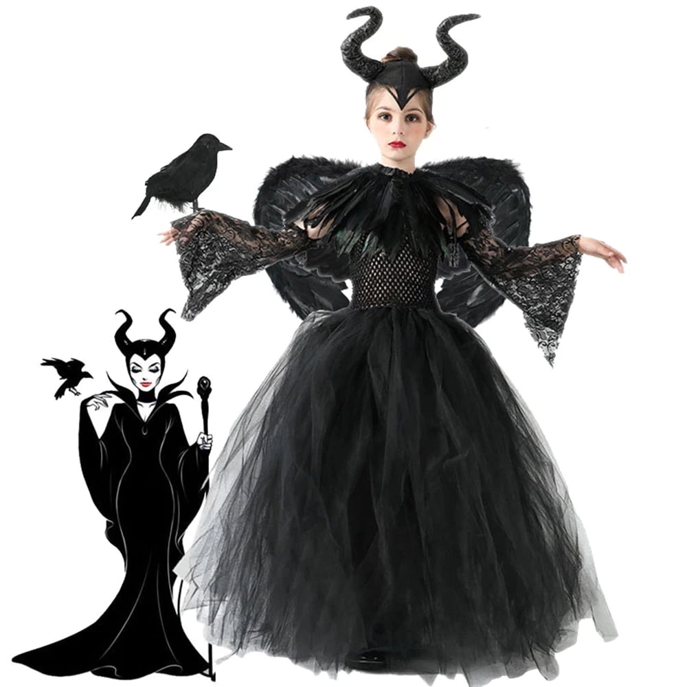 Costume Maleficent Tutu Dress for Little Girls Halloween Evil Queen Disguise Mesh Frock Kids Cosplay Maleficent
