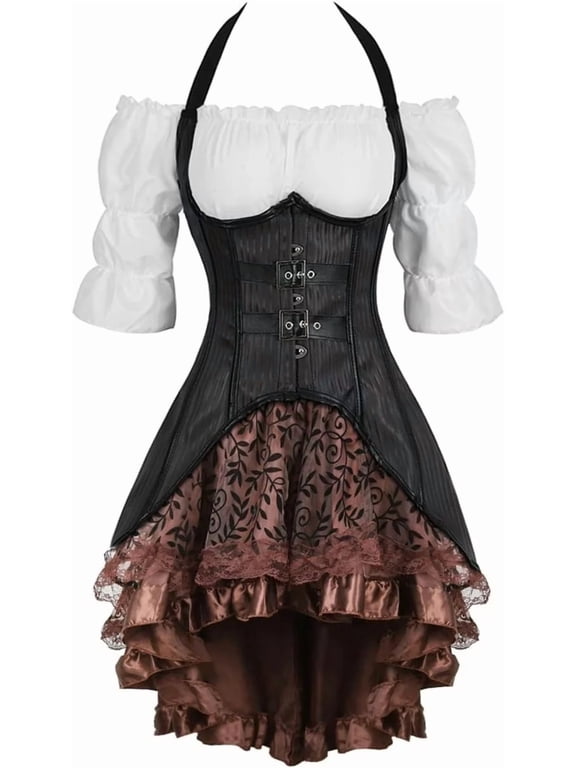 Costume Renaissance Underbust Pirate Corset 3 Pcs Women Tailcoat Outfits Gothic Black 6XL