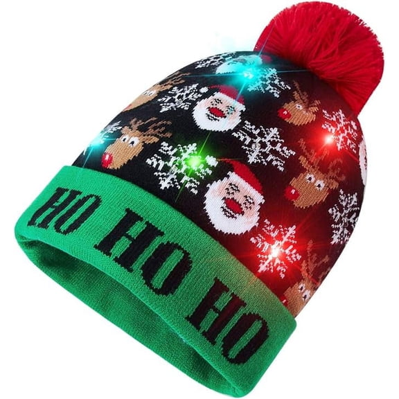 My Costume Wigs Unisex LED Light-up Christmas Novelty Sweater Hat, Knitted Beanie Ugly Holiday Xmas Toboggan Hat Knit Cap for Party (6 Lights 3 Flashing Modes Battery Included) HoHoHo