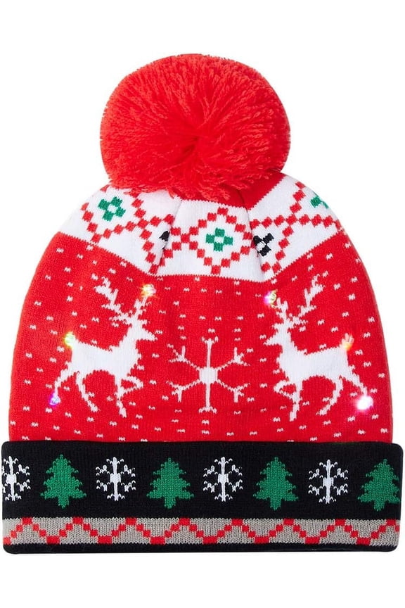Unisex LED Light-up Christmas Novelty Sweater Hat, Knitted Beanie Ugly Holiday Xmas Toboggan Hat Knit Cap for Party (6 Lights 3 Flashing Modes Battery Included) Black