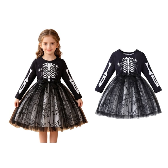 for Kids Skeleton Long Sleeve Tutu Tulle Dresses Dress up Clothes Girl Halloween 6-7 Years