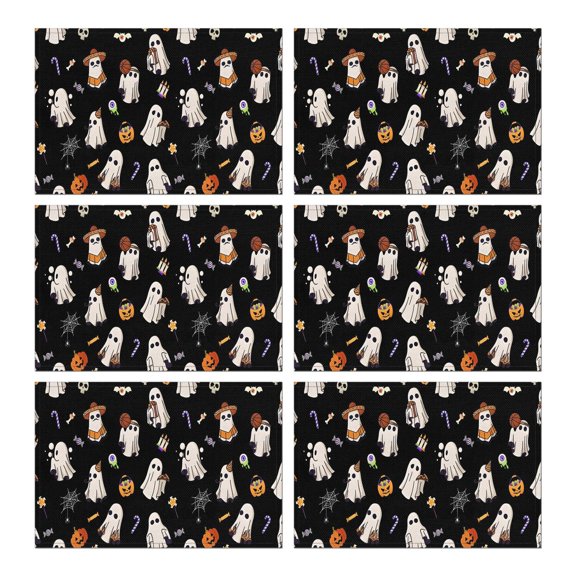 Costumed Ghost Halloween Pattern Summer Placemats Table Placemats Set Of 6-Linen Kitchen Washable Placemats Table Mats 11.8"x17.7" Non-Slip Heat Resistant