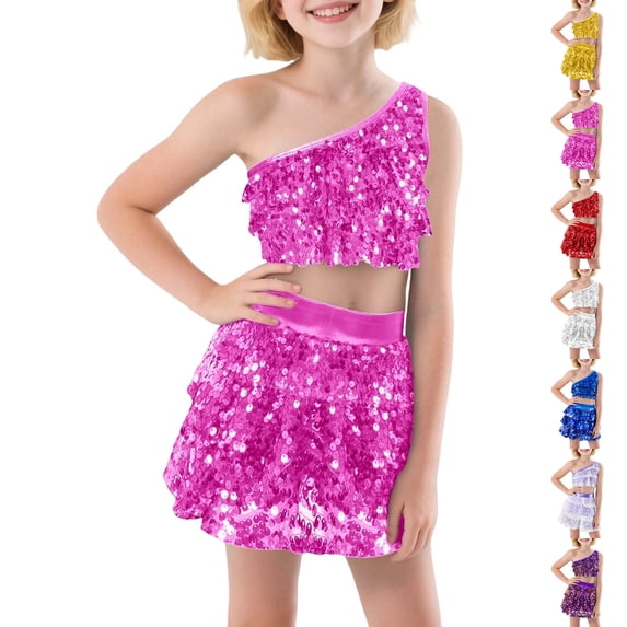 for Girls Off Shoulder Crop Top and Skirt Set Sequin Dance Dress up Kid Halloween 4-5 Years